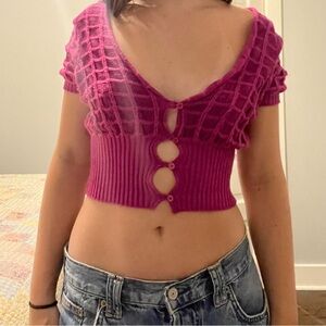 Urban outfitters pink knit button up crop top